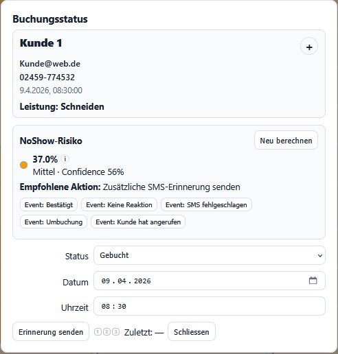 NoShowly: Buchungsdialog mit NoShow-Risiko, empfohlener Aktion und Erinnerungsoptionen