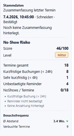 NoShowly: Stammdaten mit No-Show-Risiko-Score, Level und erklärenden Faktoren